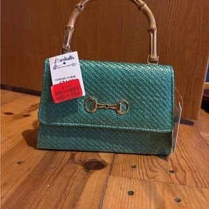 Chic Teal Woven Satchel with Bamboo Handle